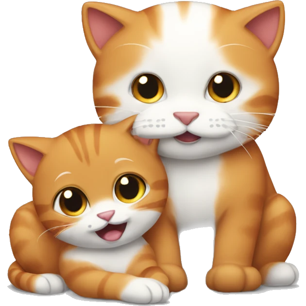 A big red cat playing with a small white-gray kitty emoji