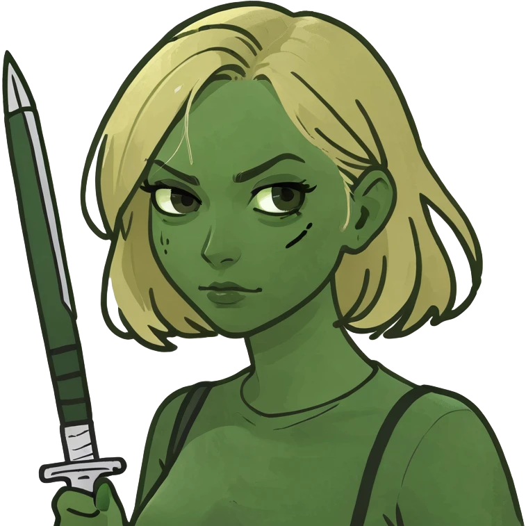 A blonde blind girl holding a white cane in one hand and a knife with a red bottom and black blade in the other ￼￼ emoji