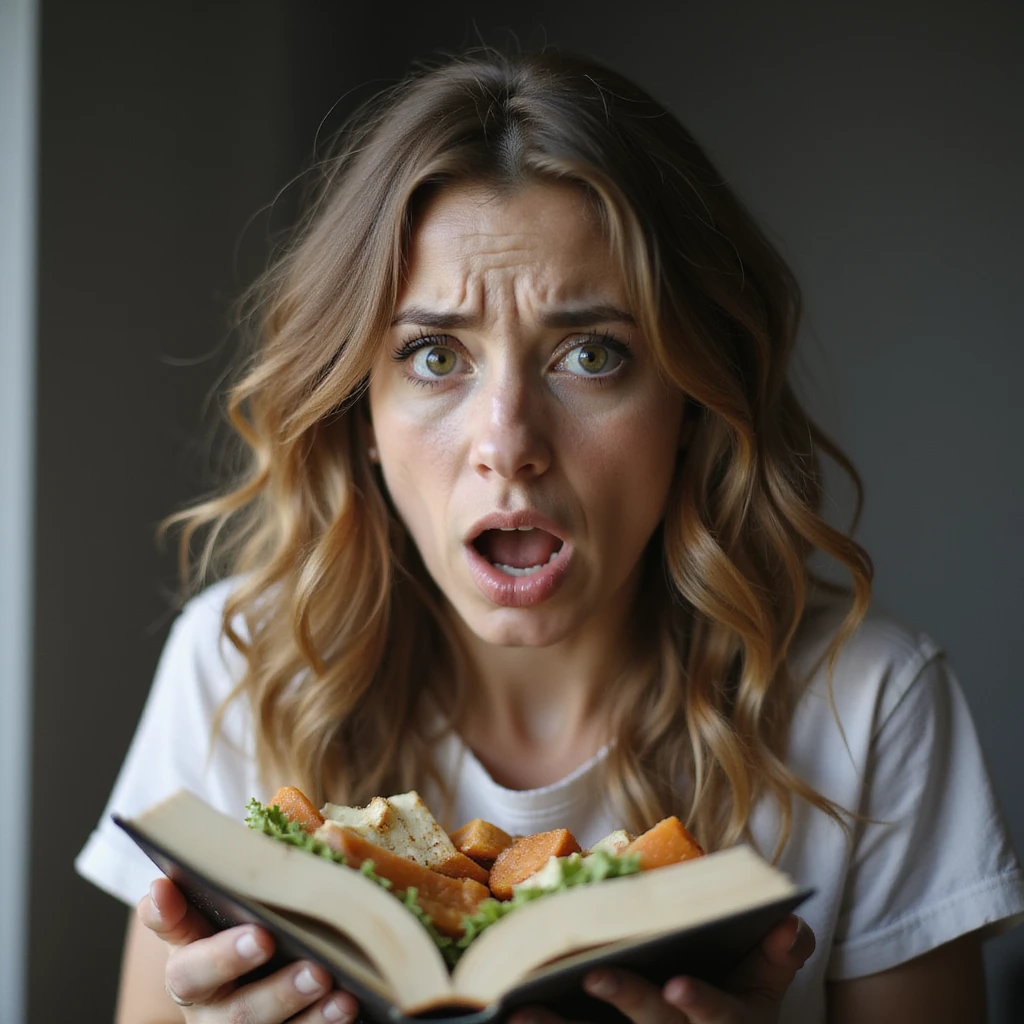 adult woman, photorealistic, throwing away a diet book with exasperated expression, scale in background, natural light, kitchen background emoji