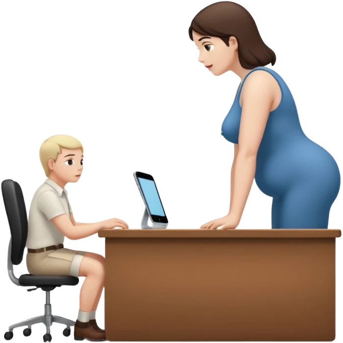 A tiny man on a desk looking up at a giant woman emoji