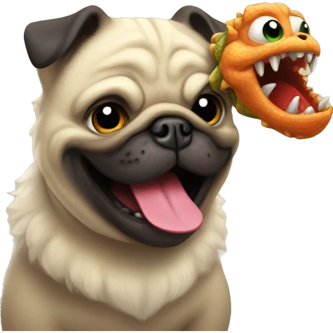 Fluffy pug playing with his toy pet dragon in his mouth emoji