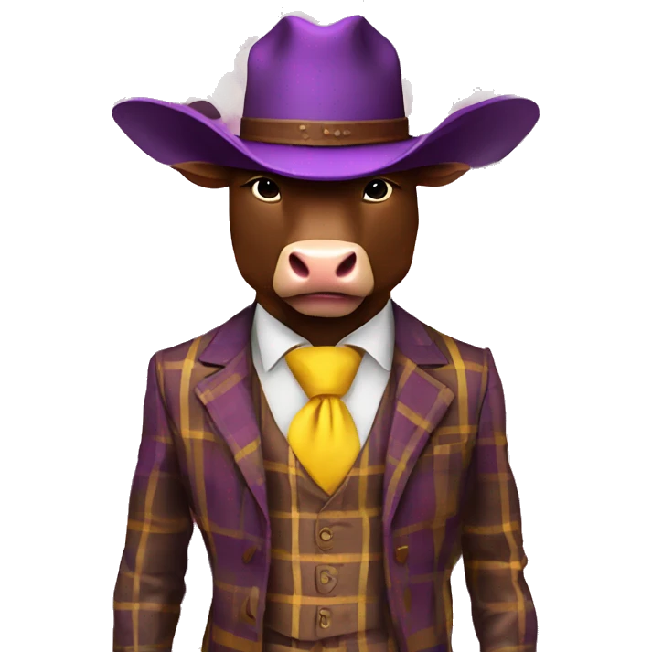 Brown bull with horns standing wearing brown cowboy hat 3 piece purple plaid suit with yellow tie and brown shoes  emoji