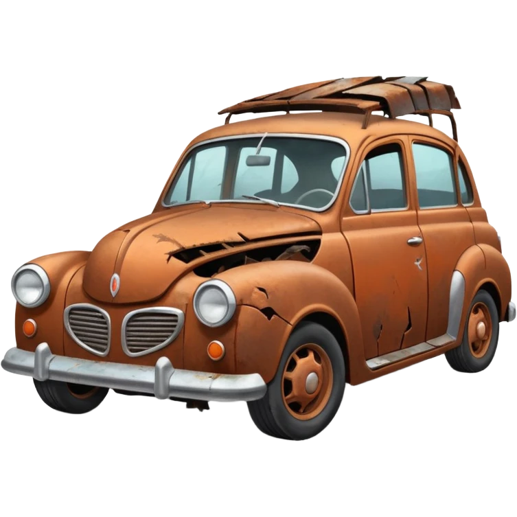 Side view of a broken-down old car with steam from the bonnet, shattered windows, rusted doors, a flat tire, dents, peeling paint, and a grimy, neglected look. emoji