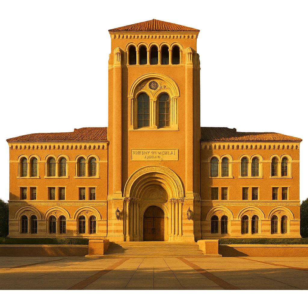 cinematic, realistic emoji of the Doheny Memorial Library at the University of Southern California in Los Angeles, straight-on perspective, featuring its iconic Romanesque Revival architecture, lifelike detail, bright regal lighting as on a sunny day, accurate building colors, transparent background emoji