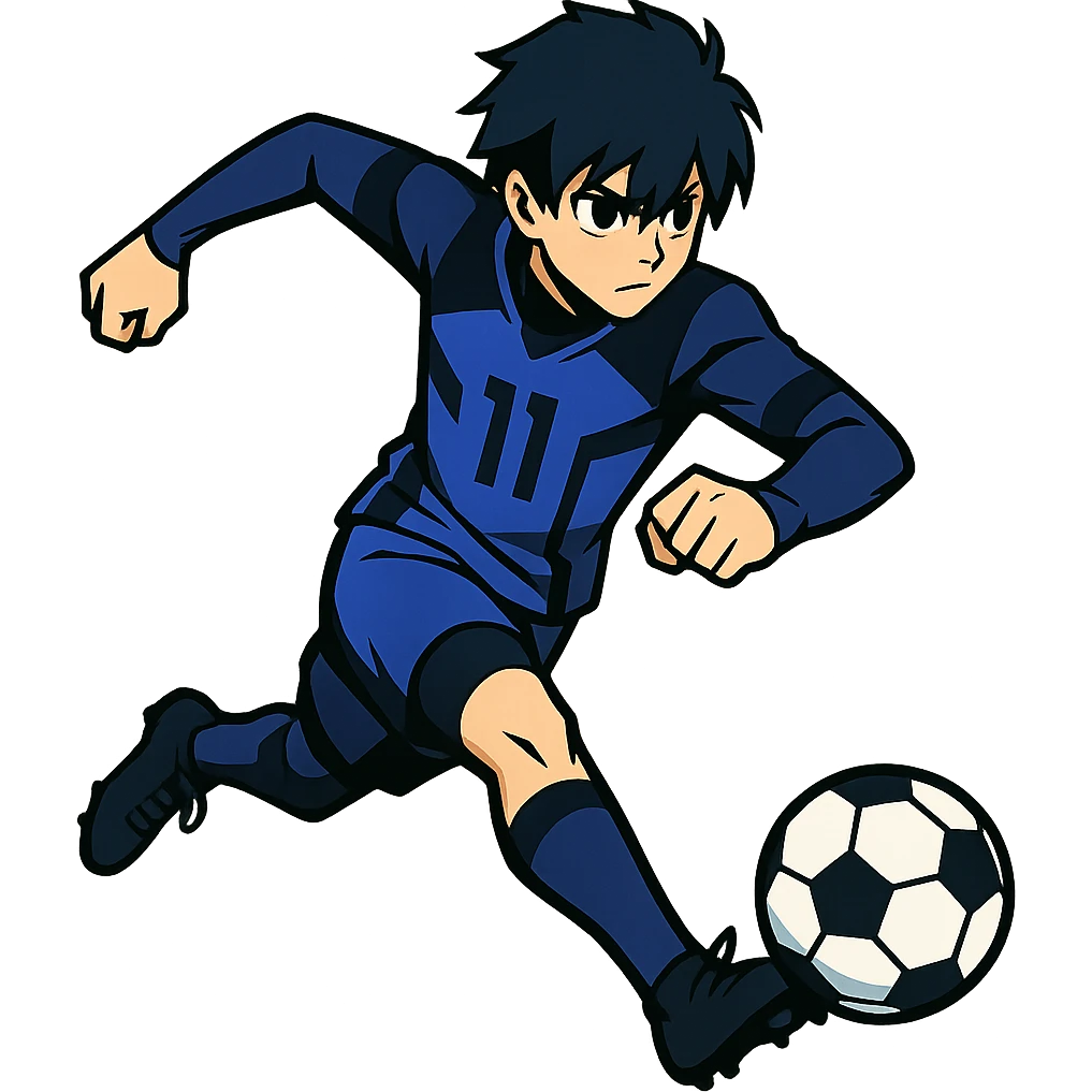 anime soccer player inspired by Blue Lock, dynamic pose, blue and black uniform emoji