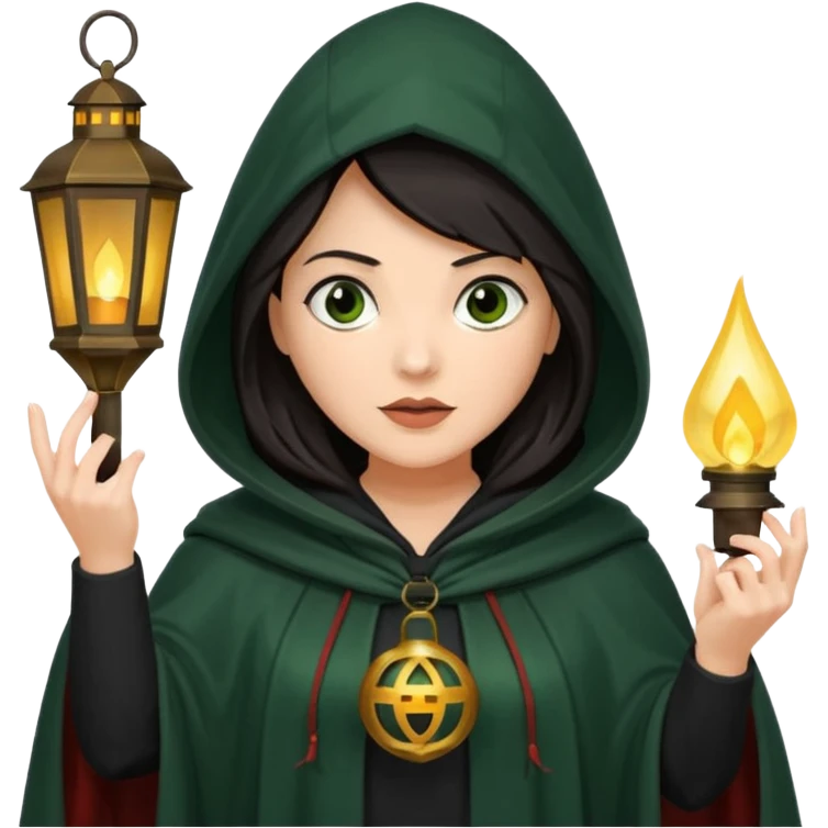 traitor tv show, dark haired woman wearing dark green cloak with hood up who looks evil and is holding up a lantern emoji