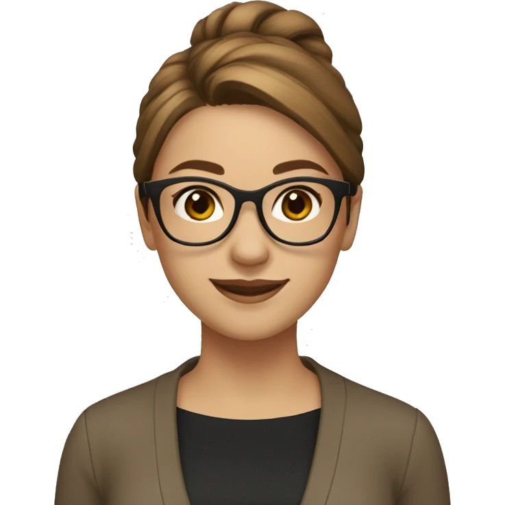 Girl with straight hair brown hair, smiling gold glasses with black blouse and light brown cardigan. emoji