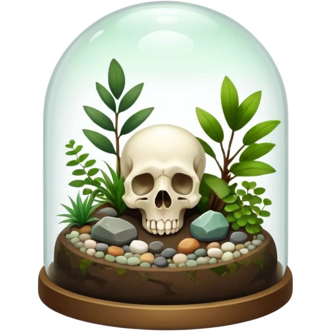 A terrarium glass dome with an animal skull inside, shiny pebbles and crystal inside. And plants inside  emoji