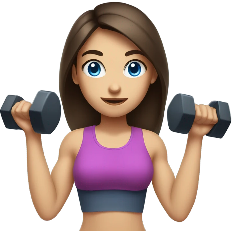 brunette girl with bright blue eyes lifting hand weights emoji