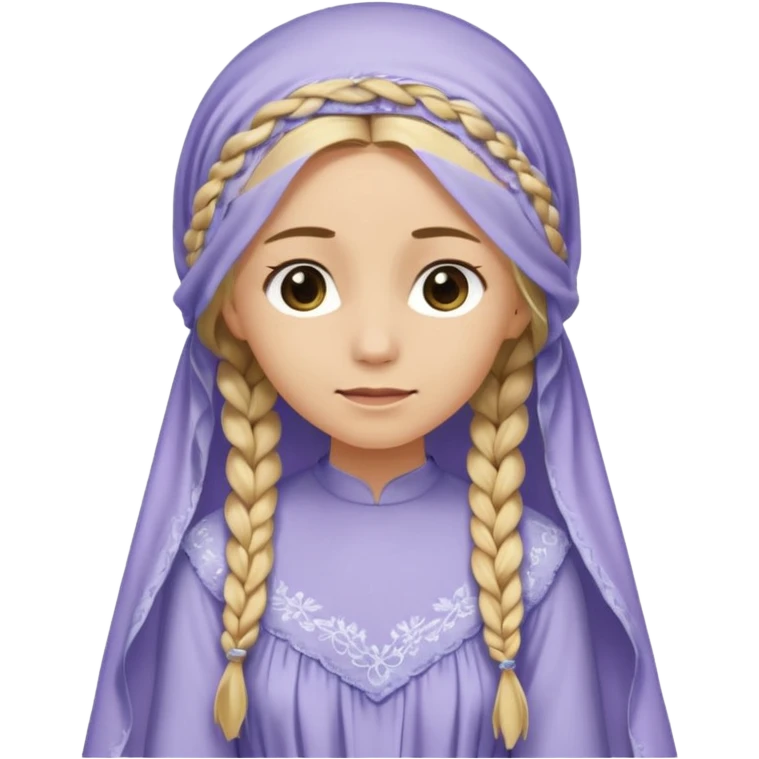 
mujer, Joven, de aspecto dulce y elegante.
Piel clara, ojos grandes y expresivos, sonrisa triste.
Rubio o castaño claro, largo, con trenzas o velo.
Vestido largo cubriendole los zapatos, çde tonos suaves (blanco, azul o lavanda), con bordados dorados; toca fina cubriendo la cabeza. emoji