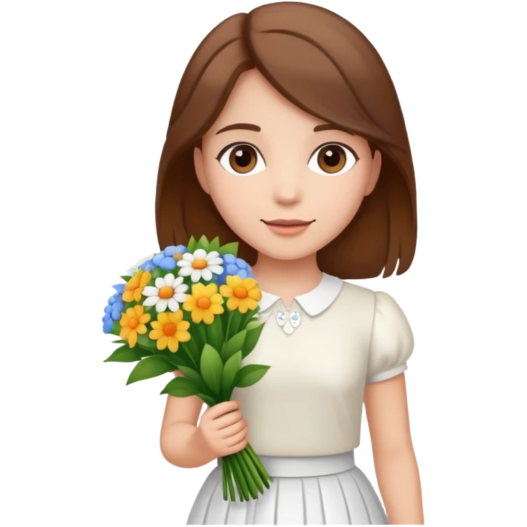 girl with brown hair wearing a white skirt holding a bouquet of flowers emoji