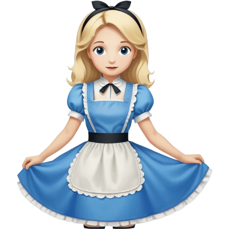 Disney's Alice in Wonderland curtseying in her blue dress with white apron, blonde hair with headband emoji