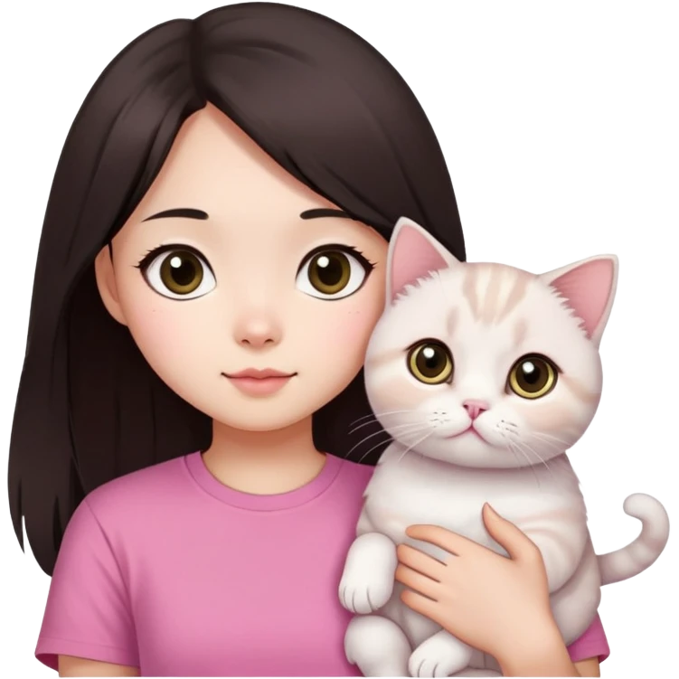 This Chinese girl's got fair skin and big black eyes. She's got long dark brown hair and she's wearing a pink t-shirt. She's holding a white Scottish Fold cat. emoji