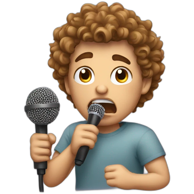 angry curly short hair guy putting his microphone in his mouth emoji