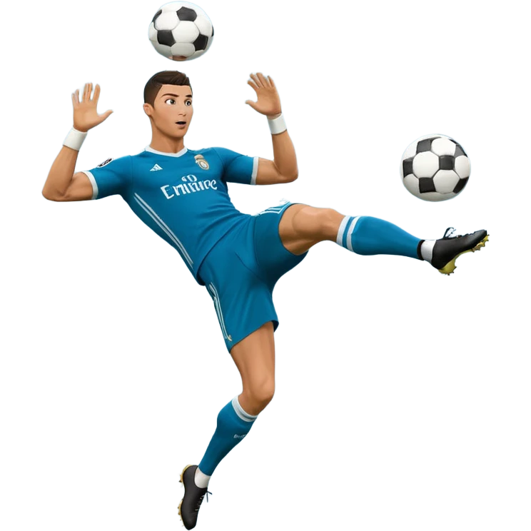 Ronaldo doing a bicycle kick with football in mid air While wearing a Retro blue Real madrid kit and yes i want it to be exactly the same as he Scored it in 2018 vs Juventus  emoji
