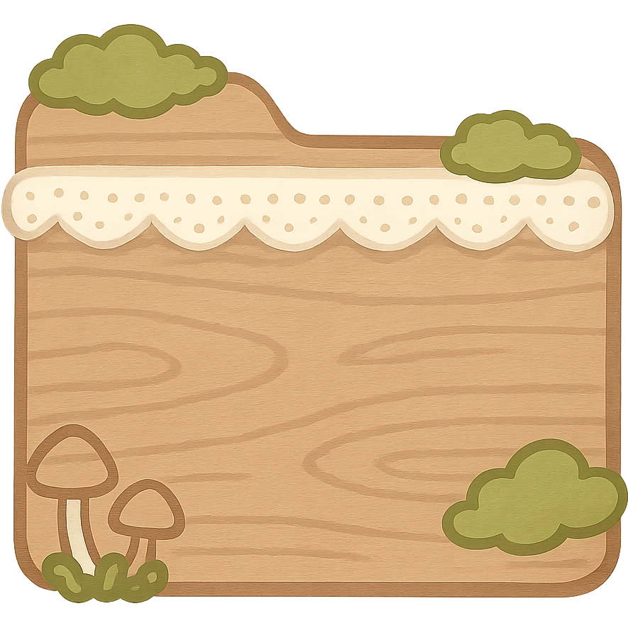 Create a folder icon in the exact same cottagecore style as the referenced PC icon. Use soft earthy tones, moss, tiny mushrooms, delicate lace, and rustic wooden texture. The icon should have no words or text and a transparent background. Match the cozy, natural, and detailed aesthetic of the cottagecore style shown in the reference. emoji
