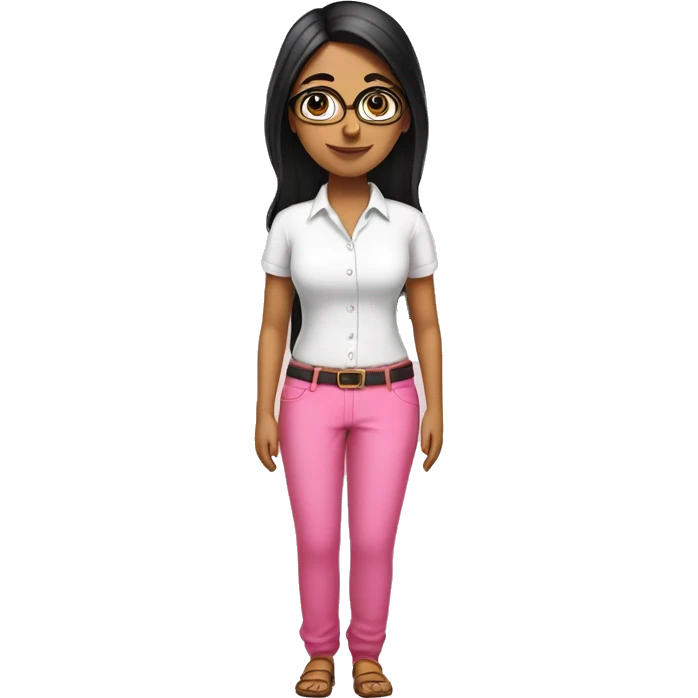Indian standing lady wear white shirt & pink pant black hair also have spectacle emoji