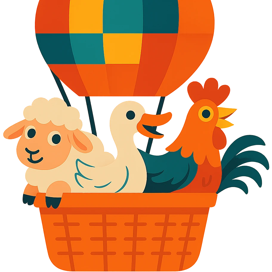 Remove the background, keep only the group of farm animals in the hot air balloon, vibrant toon style, with no background. emoji