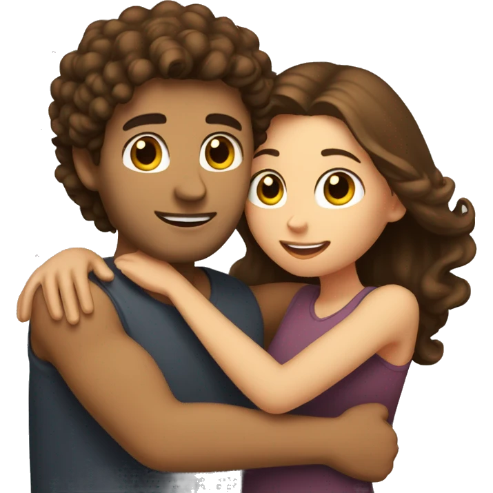 Girl with long straight brown hair hugging a guy with short curly brown hair emoji