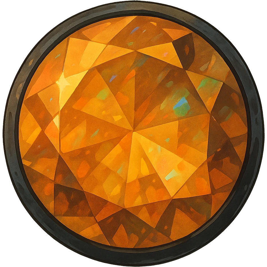 ghibli style extreme up close amber round cut holographic gem with black metal accent emoji