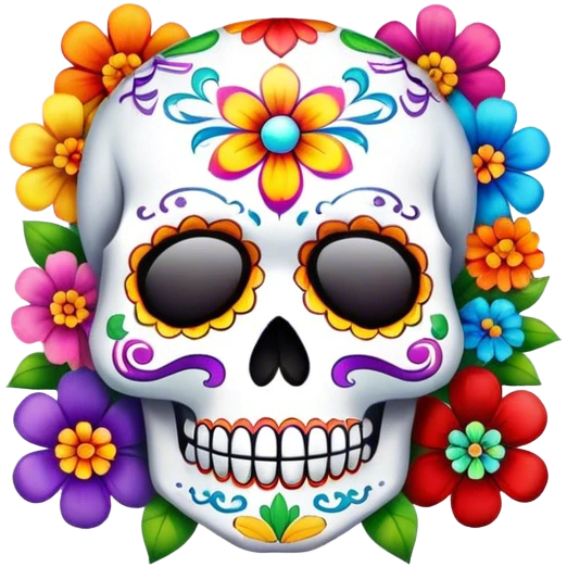 Beveled square shaped button with day of the dead sugar skull and rainbow colored flowers emoji