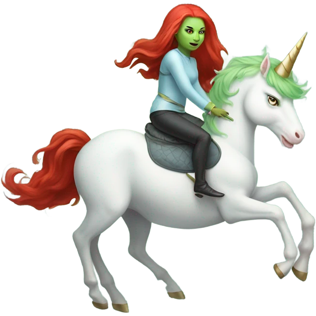 [politically incorrect
	{ woman: alien, color: light green, hair:red, eyes:cat} ]
	on a 
	[{ unicorn: white, legged:four, mane: light blue }] emoji