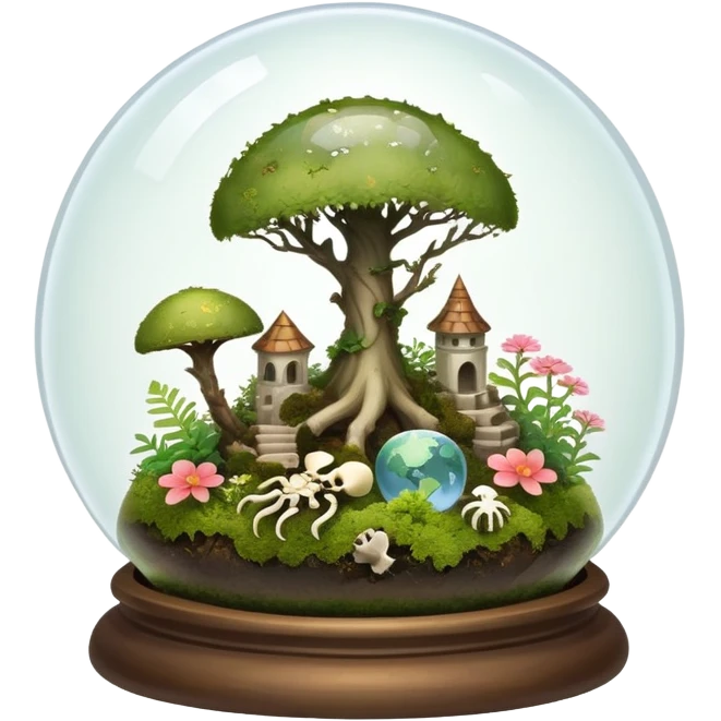 Mystical woodland glass-dome-terrarium-globe with moss inside, with bones inside, and flowers inside  emoji