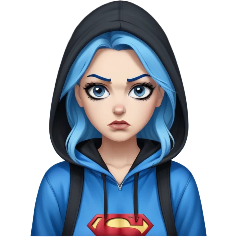 Female-Very tall-very very very large chest-really angry-waiting for a text-very long straight flat black to sky blue hair ombre-blue eyes-black eyeliner-long eyelashes-hoodie with glitter superman logo-overalls-lip pierced emoji
