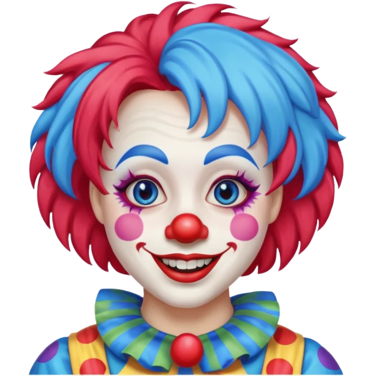 Clown – Bright makeup, red nose, colorful wig, exaggerated smile emoji