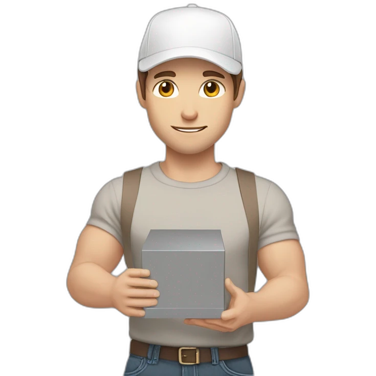Pale skinned fit Man with dark brown hair in a light gray cap, dark brown jeans, brown polo and white T-shirt keeping a pasted with tape white box into his hands emoji