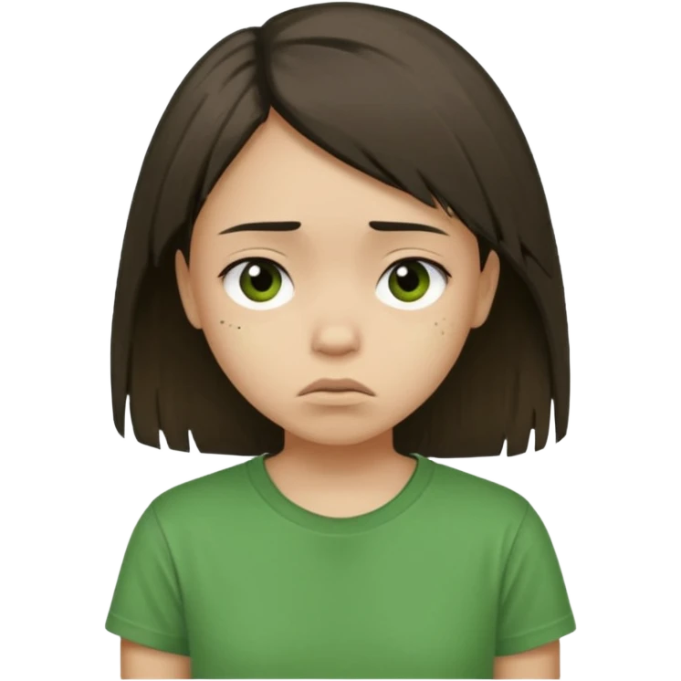 Young girl with straight, dark, damaged, and unkempt hair, wearing a green T-shirt, with a sad and discouraged expression. emoji