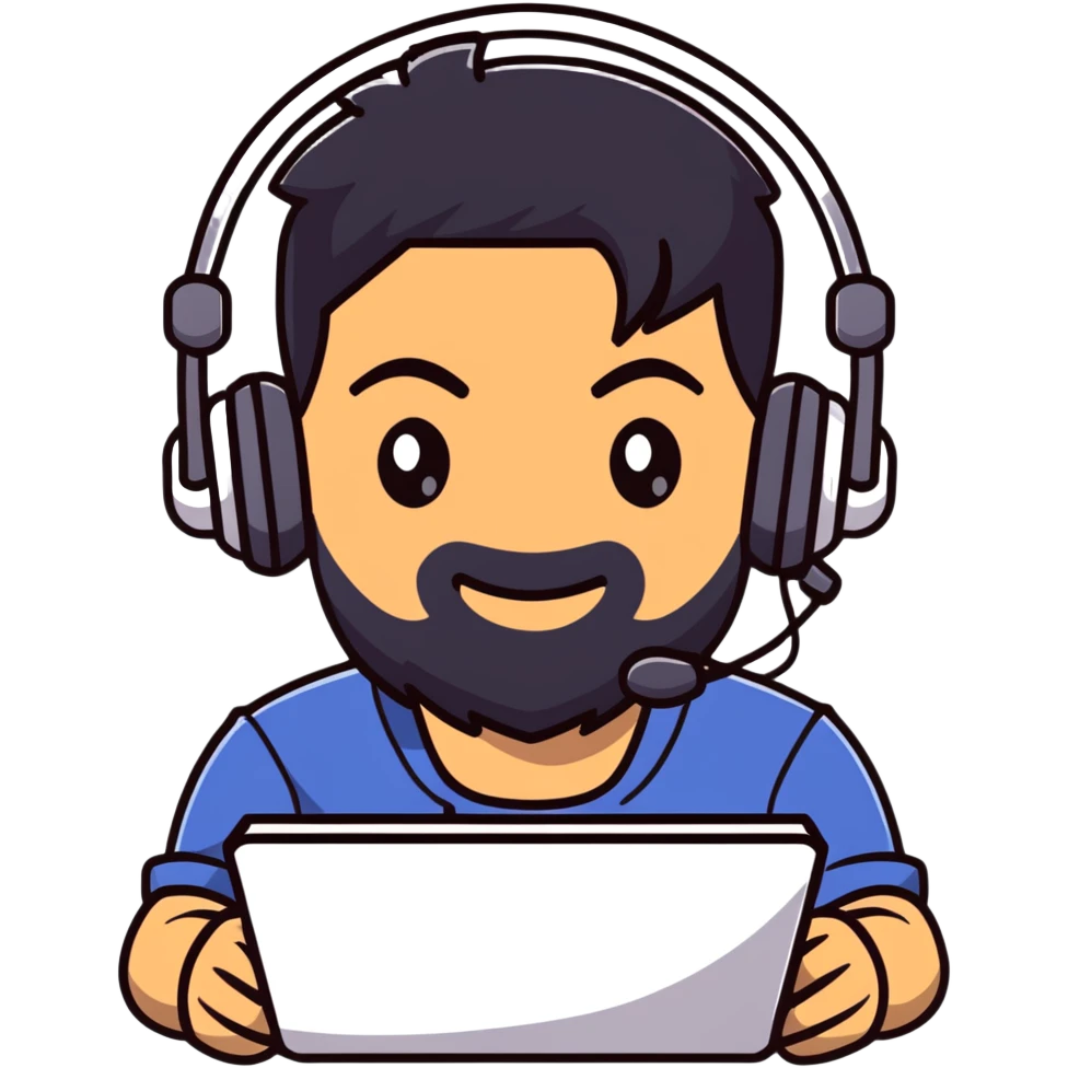 A gamer with black hair, brown eyes, and a black beard wearing a gaming headset with a thankful expression emoji