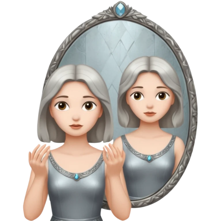 Woman facing ancient mirror, reflection slightly delayed and darker emoji