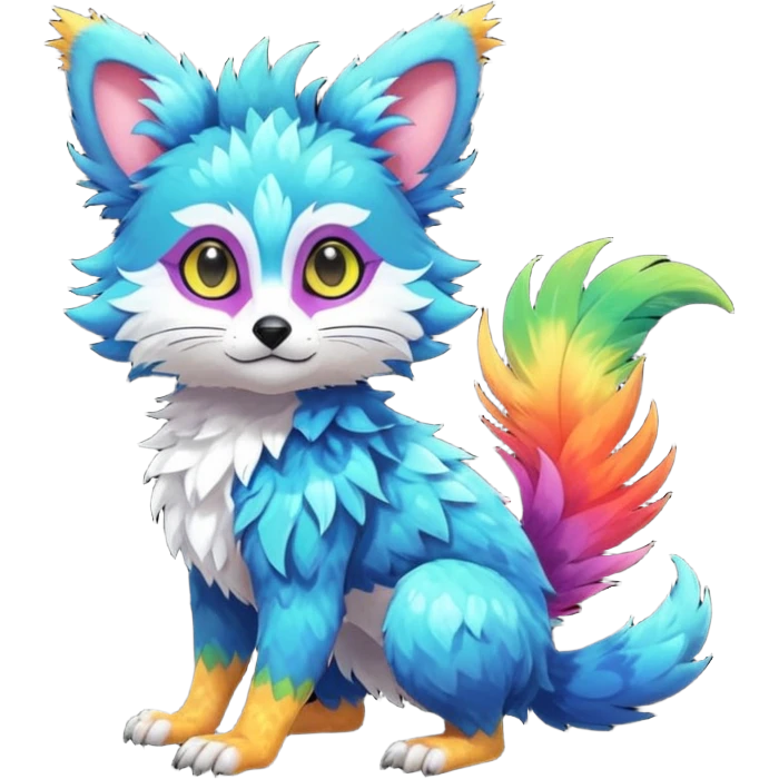 Colorful tropical exotic shiny beautiful fantasy-Trico-Cacomistle-oncilla-animal-Fakémon-hybrid-fursona (full body) emoji