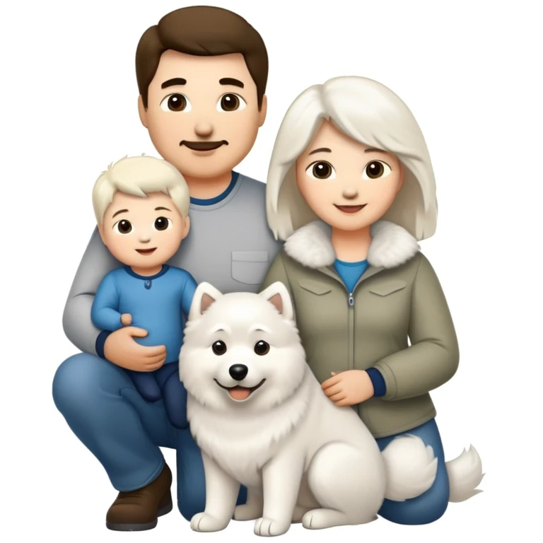 A family portrait in Apple iOS emoji style, featuring a dad, a mom, a 2-year-old baby boy, a fluffy white Samoyed dog, and a large Alaskan Malamute. All characters are smiling and standing close together in a warm, happy scene. emoji