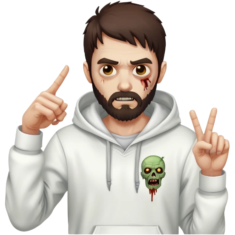 zombie pointing finger wearing white hoodie, with dark brown hair and short full beard emoji