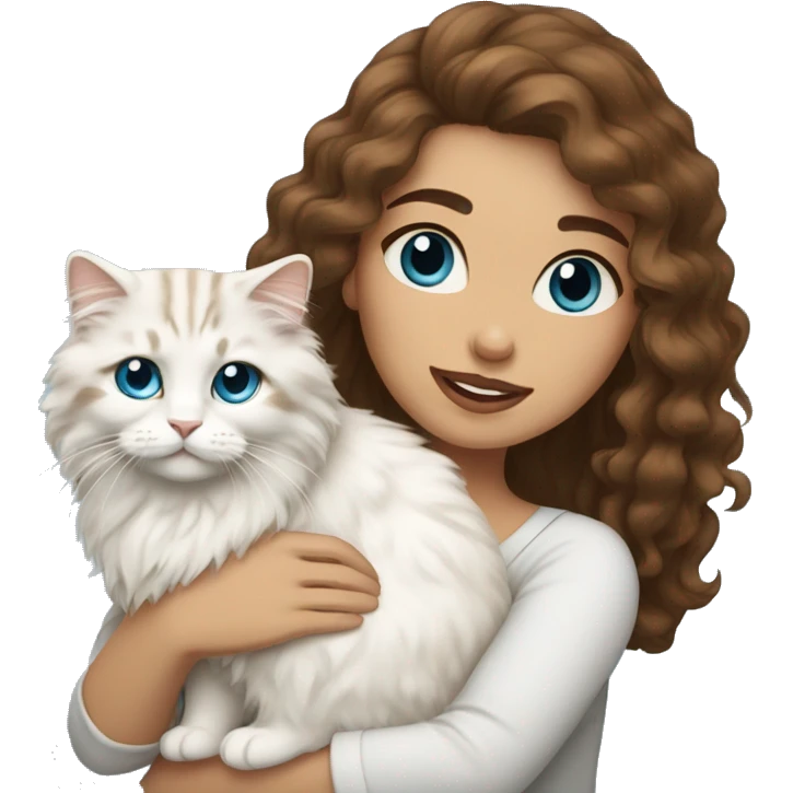 woman with long curly brown hair and holding a all white Siberian cat with blue eyes emoji
