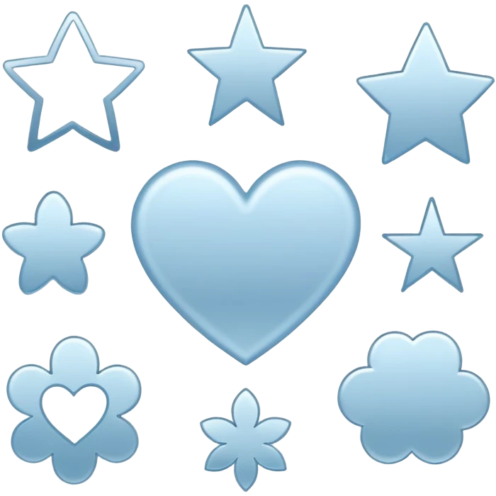 Minimalist outline icons of various shapes like heart, circle, star, flower, cloud, and square — all in soft metallic silver and pastel blue strokes. Thin, clean vector-style outlines with no fill, placed on a plain white background. Aesthetic, modern, and elegant look. emoji