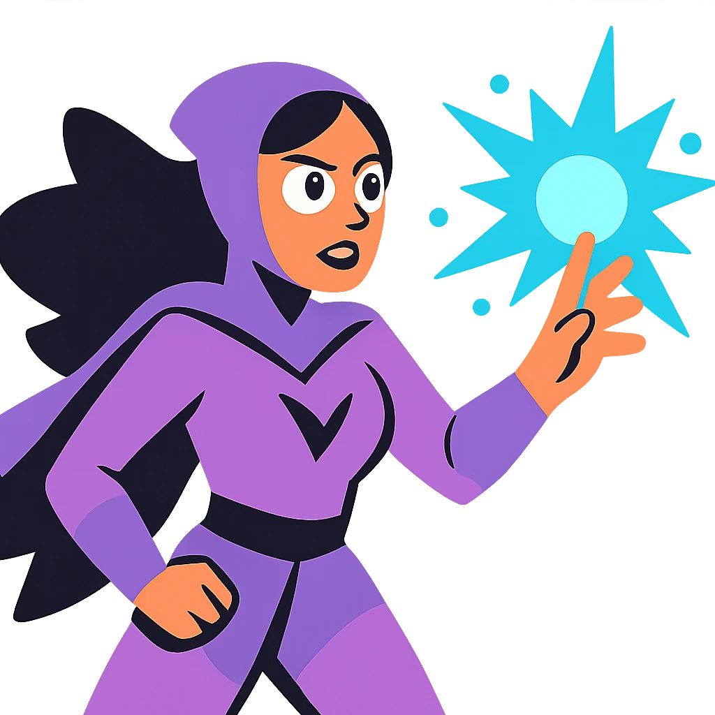 woman superhero in a soft purple and black suit, casting magic from her hand emoji