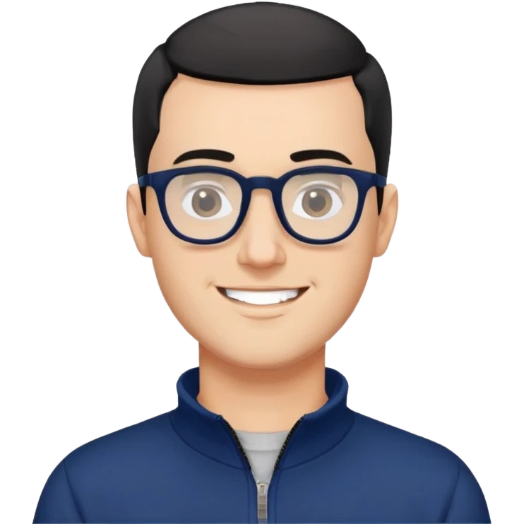 Fair-skinned man with extremely short black hair (very close buzz cut), short salt and pepper beard, large black-framed glasses, smiling, wearing navy blue long sleeve zip sweatshirt emoji