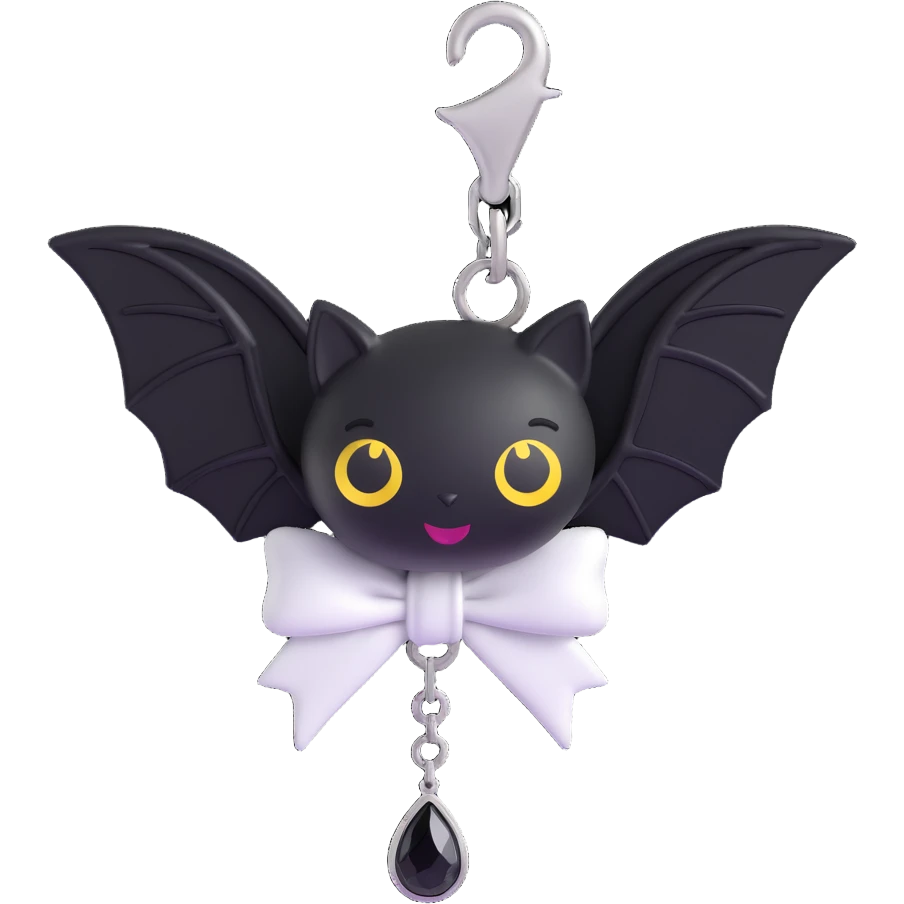 3D emoji gothic bow, white leather, silver bat charm, black lace overlay, single black teardrop gem emoji