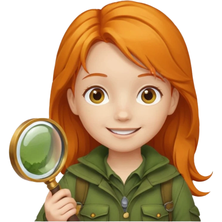 braid orange haired girl kid in moss green explorer outfit, holding magnifying glass, smile emoji