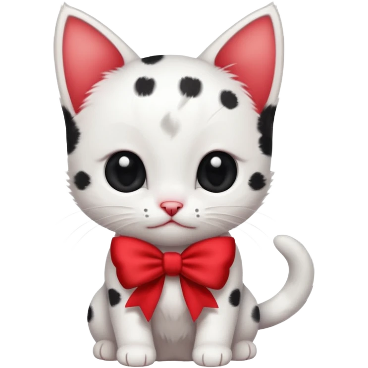 tiny white kitten with scattered black spots and a red bow, playful and charming emoji