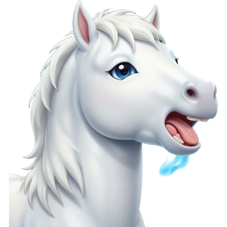 Cinematic Cute Yawning White Horse Portrait Emoji, Head tilted slightly with a dramatic, wide-open yawn, revealing a soft white fur with a subtle shimmer, floppy ears slightly drooping, round blue eyes barely open in drowsy contentment, Simplified yet irresistibly adorable features, highly detailed, glowing with a soft, cozy glow, high shine, relaxed yet expressive, stylized with a touch of whimsy, bright and endearing, soft glowing outline, capturing the essence of a sleepy yet affectionate horse, so drowsy it feels like it could stretch out of the screen and curl up for a nap! emoji