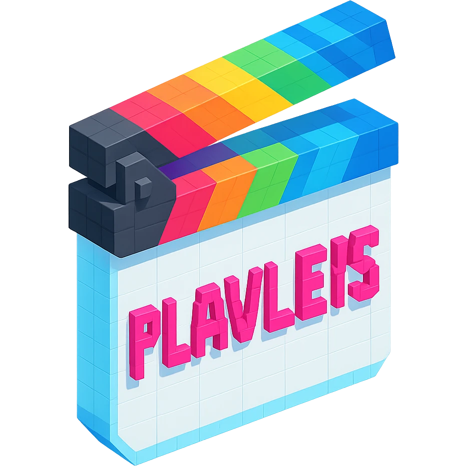 voxel style movie clapperboard, white body, colorful lid, pink text 'PLAVLEYS', isometric view emoji