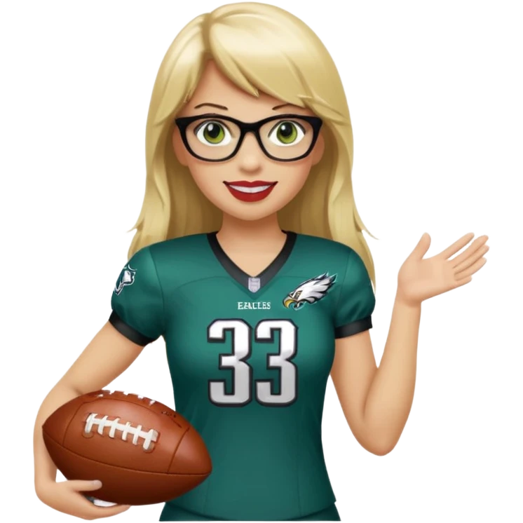 full length women wearing eagles uniform, long blonde hair, styled bangs, green eyes, black glasses, holding football, number 33, smiling, lipstick emoji