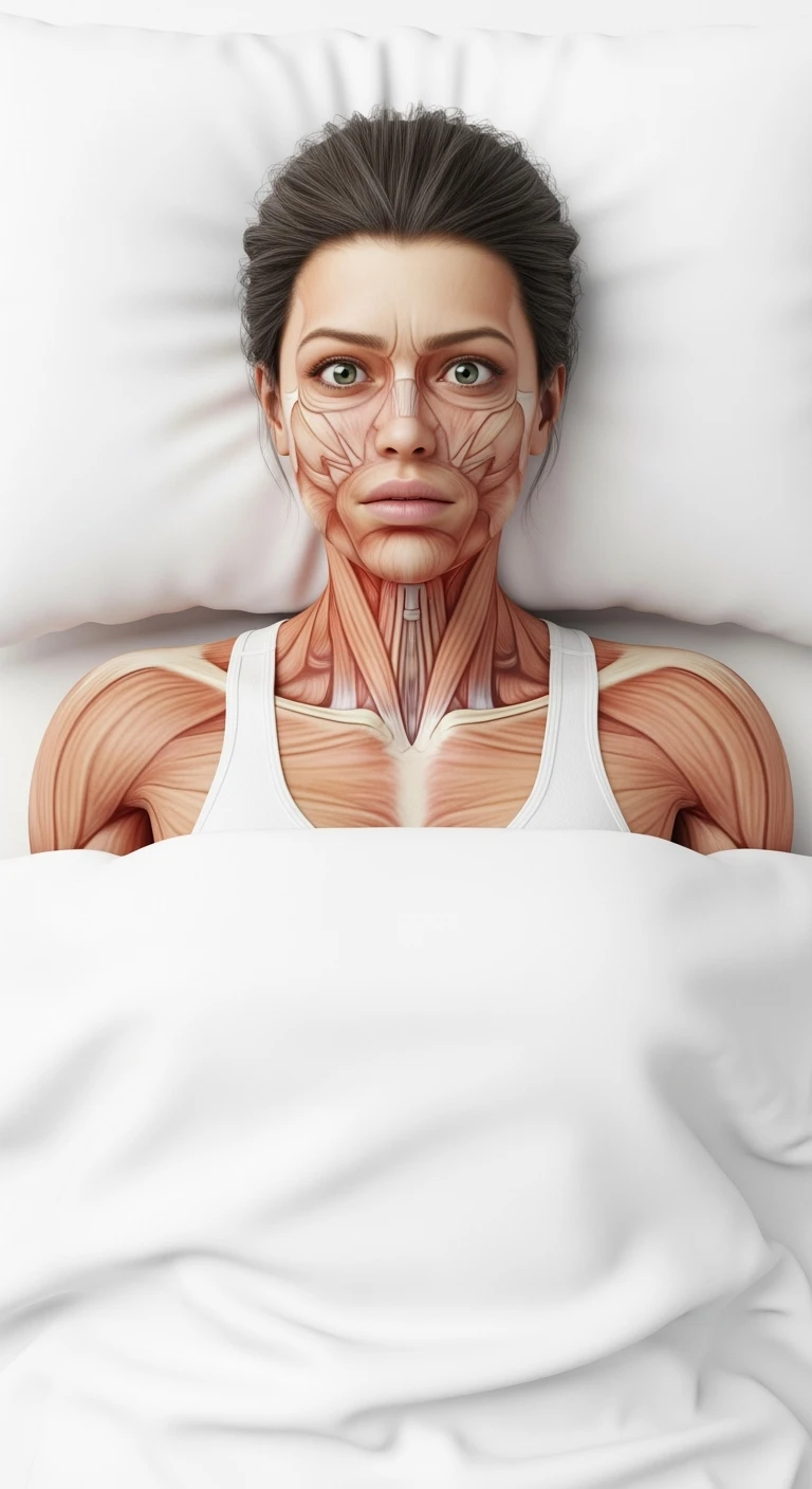corpo umano anatomico realistico con la testa poggiata sul cuscino ma gli occhi aperti perché non riesce a dormire, visto dall'alto, sfondo bianco
IPERREALISTICO 4K emoji