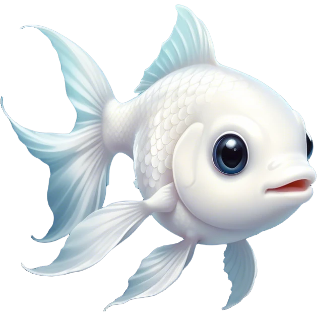 Cinematic Cute White Goldfish Portrait Emoji, Head tilted playfully and inquisitively, featuring a glossy, pure white body with delicate, shimmering scales and round, sparkling pale eyes filled with curiosity, Simplified yet irresistibly adorable features, highly detailed, glowing with a warm, friendly glow, high shine, affectionate and lively, stylized with a touch of whimsy, bright and endearing, soft glowing outline, capturing the essence of a mischievous yet loving goldfish, so playful it feels like it could swim out of the screen and into your heart! emoji