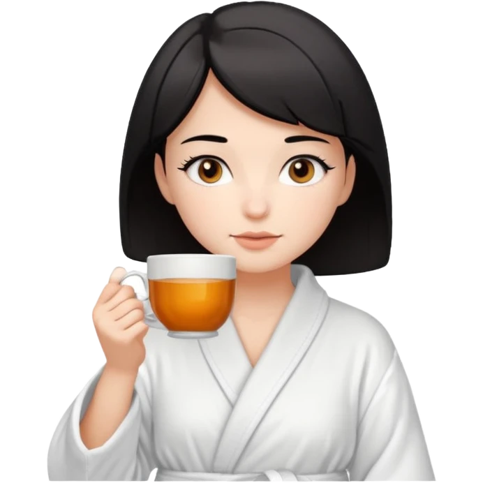White girl with brown eyes and short black hair drinking a cup of tea in a bathrobe emoji