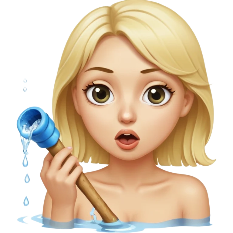 blond woman sitting on her knees with wide eyes, she's holding a thick short stick with a big knob, the stick is made of skin, water squirting from the knob into her mouth emoji